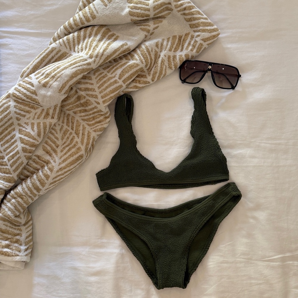 EXCELLENT CONDITION Hunza G Olive Green Textured Bikini Set